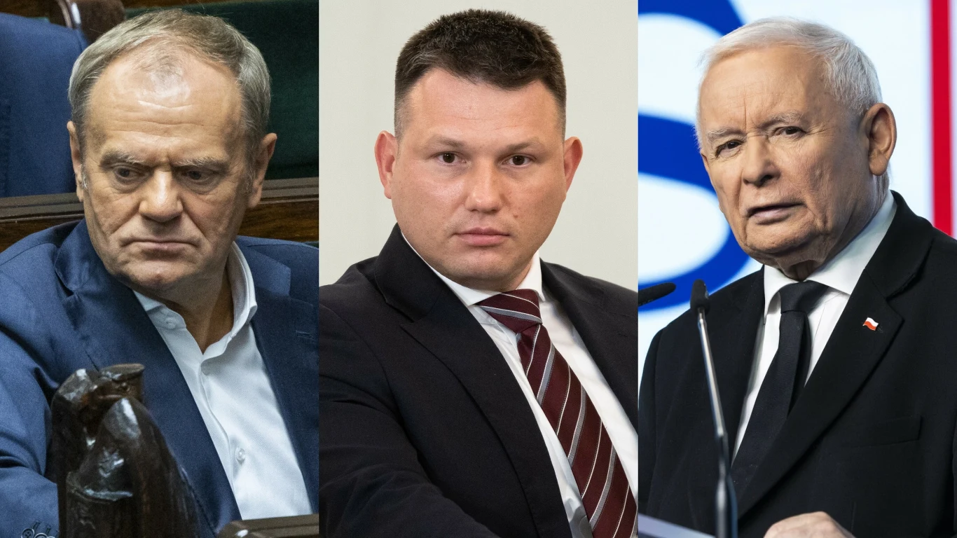 Nowy sondaż wskazuje na zmianę lidera Trzech mężczyzn w garniturach, sfotografowanych osobno i umieszczonych obok siebie, każdy patrzy w inną stronę, tło różni się w każdej części zdjęcia.