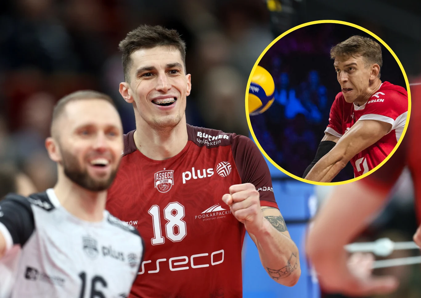 Klemen Cebulj rozpoczyna kolejny sezon w Asseco Resovii. Do drużyny latem dołączył Artur Szalpuk (w kółku) Siatkarz w czerwonym stroju drużyny Asseco Resovia świętuje punkt na boisku w obecności innych zawodników, w prawym górnym rogu wyraźnie widoczny okrągły wycinek skupiający się na drugim sportowcu przyjmującym piłkę podczas akcji.