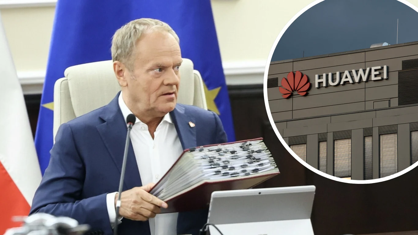 Huawei zaapelował do polskiego rządu w sprawie ustawy o cyberbezpieczeństwie Polityk trzyma w rękach gruby segregator z dokumentami na tle flagi Unii Europejskiej i Polski, w prawym górnym rogu znajduje się okrągłe wstawienie z widokiem na budynek z logo Huawei.