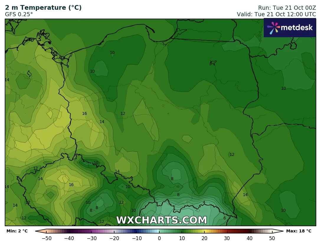 Kolorowa mapa Polski z zaznaczonymi wartościami temperatur powierzchniowych na różnych obszarach kraju, ukazująca różnice temperatur od 2 do 18 stopni Celsjusza, rozkładane gradientowo, z widocznymi cieniowaniami cieplnymi w różnych regionach.