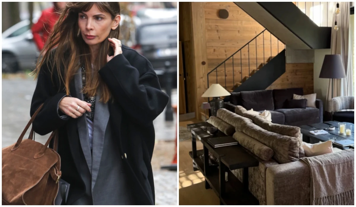 Kobieta z długimi włosami ubrana w czarny płaszcz spaceruje po mieście z brązową torbą na ramieniu, obok nowoczesne wnętrze salonu z sofą, stolikiem, lampą oraz widocznymi schodami i drewnianą ścianą.