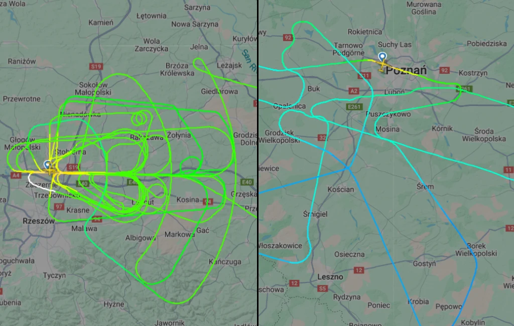 Podobne przeloty "Papuga" wykonywała w minionych dniach np. nad Poznaniem i Rzeszowem. Kolorowe linie obrazujące trasy lotów samolotów na tle mapy z zaznaczonymi miejscowościami w Polsce, widoczne wyraźnie obszary wokół Rzeszowa i Poznania, podzielone na dwie części poziomą linią