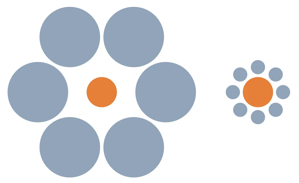 Złudzenie Ebbinghausa Dwa zestawy okręgów, każdy z pomarańczowym kołem centralnym otoczonym przez niebieskie koła. Po lewej większe niebieskie koła otaczają mniejsze pomarańczowe, po prawej mniejsze niebieskie koła otaczają większe pomarańczowe.