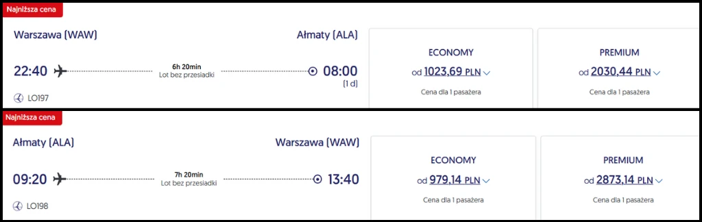 Informacje o bezpośrednich lotach z Warszawy do Ałmatów oraz z Ałmatów do Warszawy, zawierające godziny wylotów i przylotów, czas trwania lotu, ceny biletów w klasie ekonomicznej i premium oraz logotyp linii LOT.