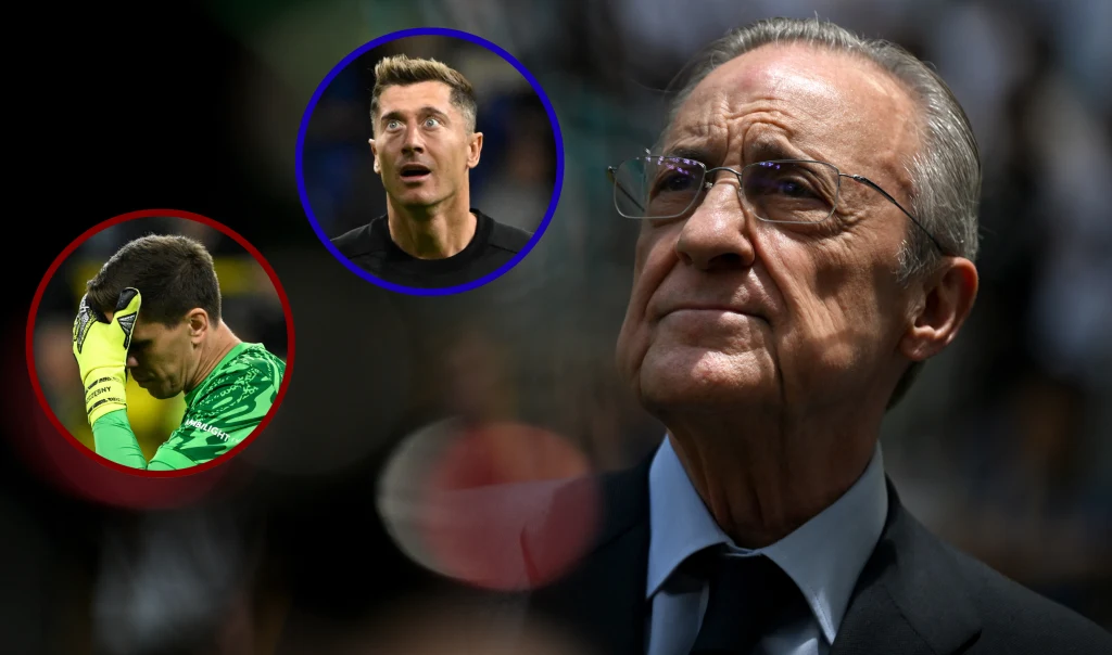 Wojciech Szczęsny, Robert Lewandowski i Florentino Perez Starszy mężczyzna w garniturze i okularach patrzący w górę na tle nieostrego tłumu, w lewym górnym rogu dwie graficznie wyróżnione twarze sportowców – jeden w zielonym stroju bramkarskim, drugi w czarnej koszulce.