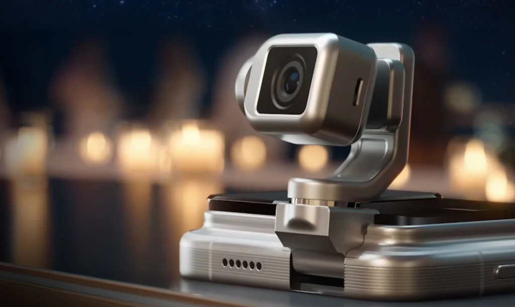 Smartfon z gimbalem Honor Robot Phone. Nowoczesna srebrna kamera zamontowana na rozkładanym smartfonie, w tle rozmyte światła tworzące nastrojową scenerię.