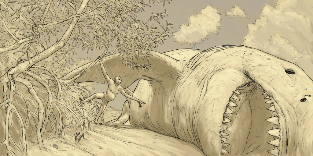 Niezwykła rycina pokazująca ardipiteka na afrykańskim wybrzeżu przy szczątkach wielkiego rekina Gigantyczny prehistoryczny drapieżnik z rozwartymi szczękami leży na ziemi w pobliżu rzeki lub bagna, a przy jego pysku znajduje się człowiek próbujący się wspiąć na drzewo, z szeroko rozpostartymi ramionami.