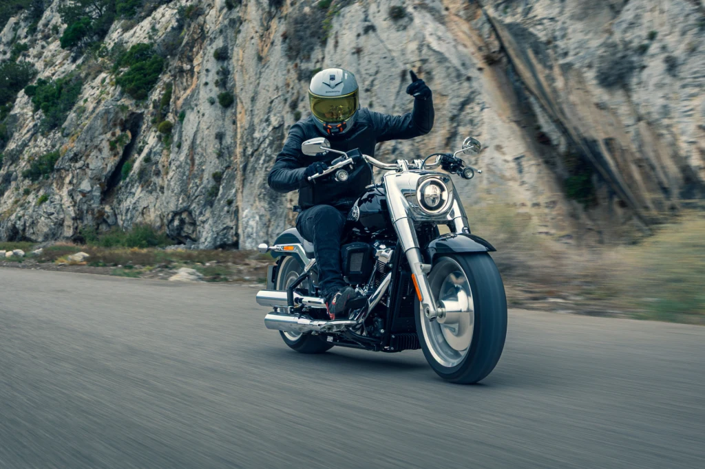 Motocyklista w skórzanej kurtce i kasku z przyciemnianą szybą jedzie dynamicznie po asfaltowej drodze wśród skalistych urwisk, unosząc jedną rękę i pokazując środkowy palec.