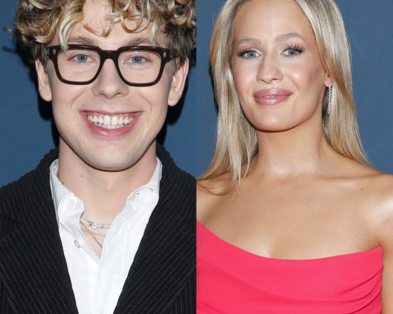 Bagi i Magda Tarnowska wybrali się do Barcelony Dwie uśmiechnięte osoby sfotografowane na ciemnoniebieskim tle, młody mężczyzna w okularach z kręconymi włosami w czarnej marynarce oraz blondynka w różowej sukni z rozpuszczonymi włosami.