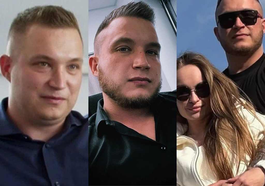 Kamil Borkowski przed i po metamorfozie oraz kobieta na trzech różnych zdjęciach, wszyscy patrzą w kierunku obiektywu, kobieta ma długie włosy i nosi okulary przeciwsłoneczne.