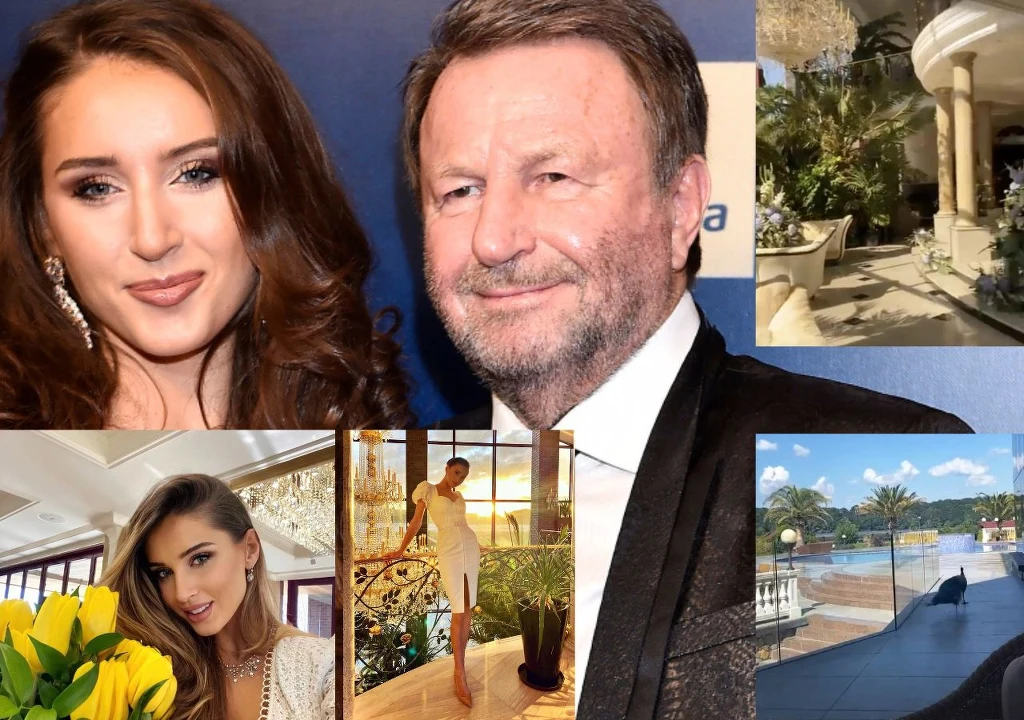 Tak mieszkają Patrycja Tuchlińska i Józef Wojciechowski Kompozycja kilku zdjęć z wizerunkami Patrycji Tuchlińskiej i Józefa Wojciechowskiego, wnętrza luksusowego domu, ogródka z palmami, tarasu z basenem oraz kobiety pozującej przy kwiatach i na schodach.