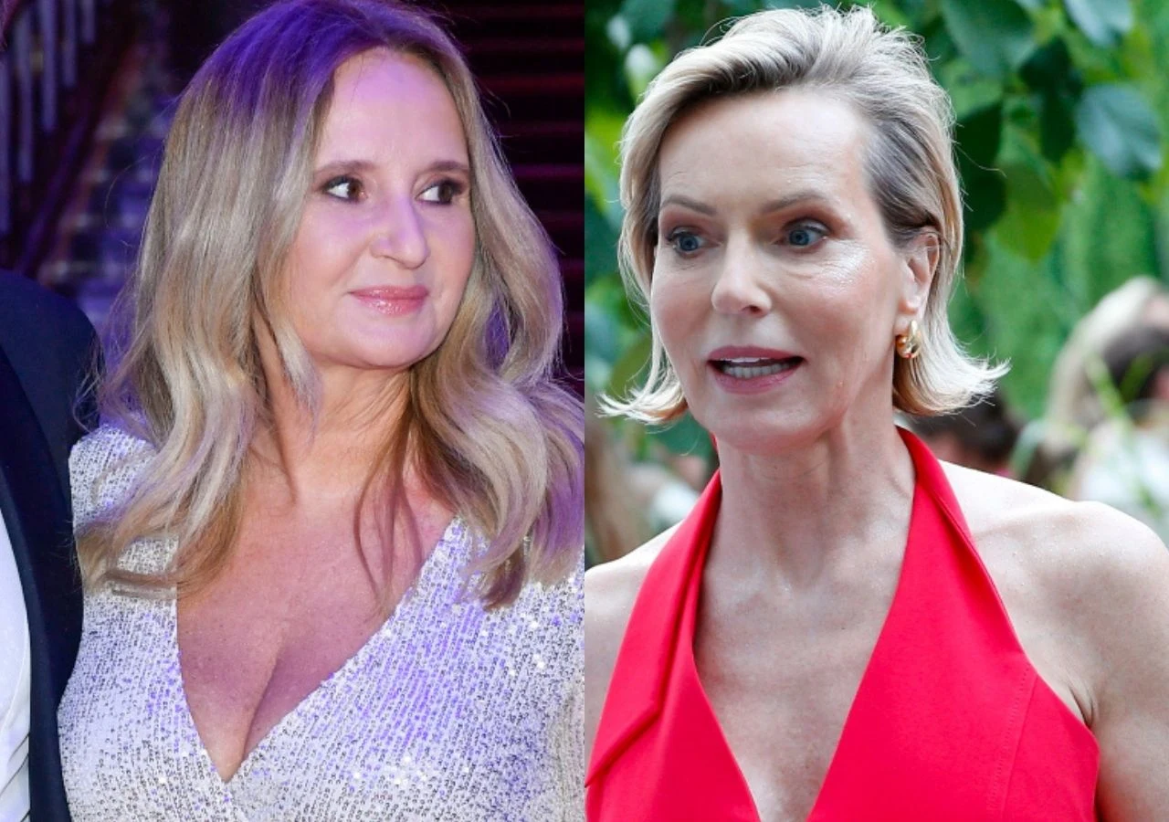 Joanna Kurska, Paulina Smaszcz Dwie kobiety w eleganckich kreacjach, Joanna Kurska w błyszczącej sukni z głębokim dekoltem o długich blond włosach, Paulina Smaszcz w czerwonej sukni z krótkimi jasnymi włosami, obie w dobrze oświetlonym otoczeniu.