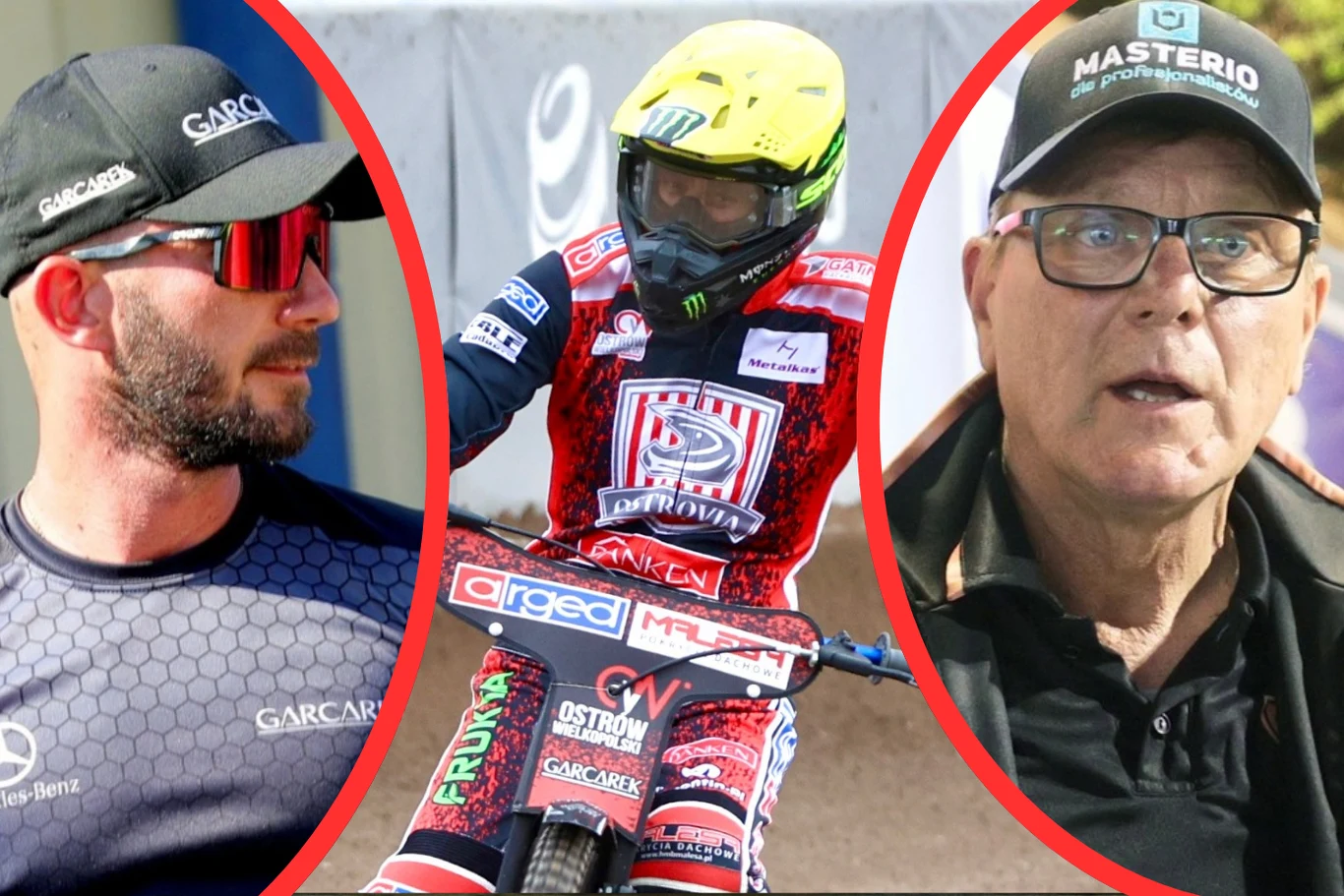 Trzy osoby w ujęciach portretowych, centralnie motocyklista w kasku i stroju sportowym, po bokach mężczyźni w czapkach z daszkiem i okularach, zdjęcie przedzielone czerwonymi liniami.