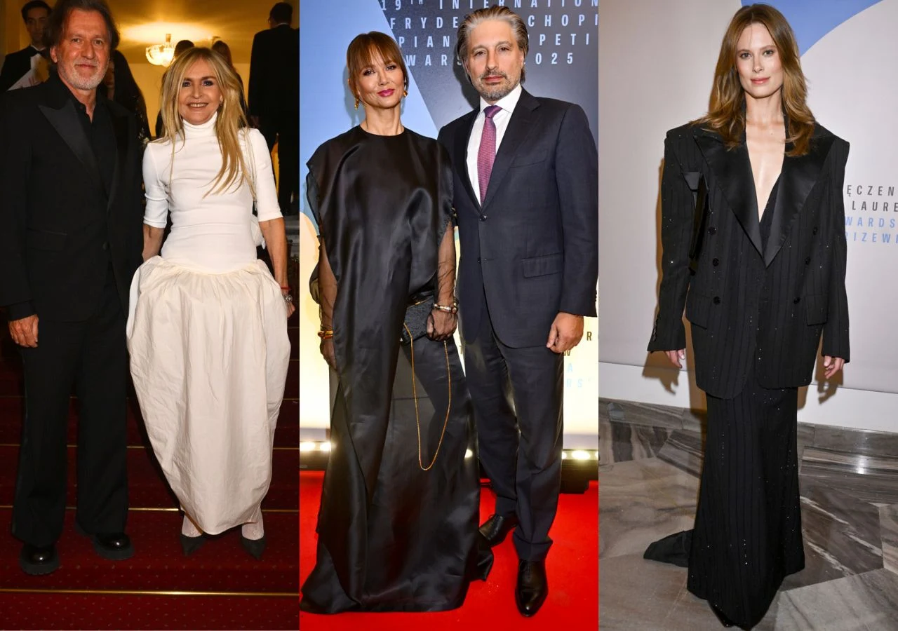 Trzy elegancko ubrane pary i jedna kobieta pozujące podczas oficjalnego wydarzenia na czerwonym dywanie i innej uroczystości, po jednej kobiecie w każdej części zdjęcia, mężczyzna w garniturze oraz kobiety w szykownych kreacjach, w tle widoczne element...
