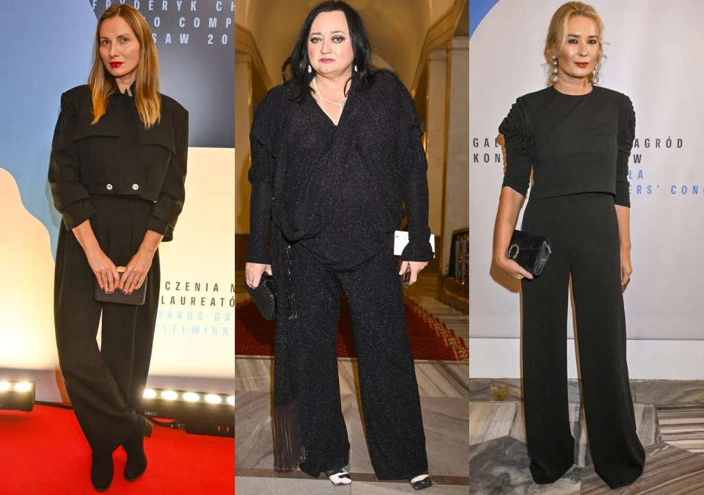 Gala XIX Konkursu Chopinowskiego: Joanna Moro, Gosia Baczyńska, Marta Dąbrowska Trzy kobiety w eleganckich, czarnych stylizacjach pozują na czerwonym dywanie podczas oficjalnego wydarzenia, każda z nich trzyma torebkę, a za nimi widać fragmenty ścian z napisami.