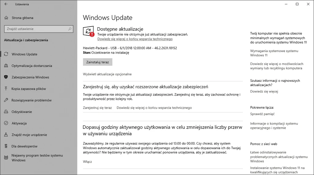 Rozszerzone aktualizacje zabezpieczeń Windows 10. Włącz je na stronie ustawień Windows Update Okno ustawień systemu operacyjnego Windows z otwartą sekcją Windows Update, prezentujące dostępność nowych aktualizacji zabezpieczeń i opisujące opcje ich instalacji oraz zarządzania godzinami aktywności urządzenia.
