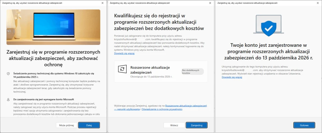 Rejestracja w programie Windows 10 ESU. Dzięki temu możesz pobierać darmowe aktualizacje do października 2026 Ekran komputera z niebieskim tłem oraz trzy okna komunikatów dotyczących rejestracji w programie rozszerzonych aktualizacji zabezpieczeń z informacjami o ochronie konta i rejestracji do 13 października 2026 roku.