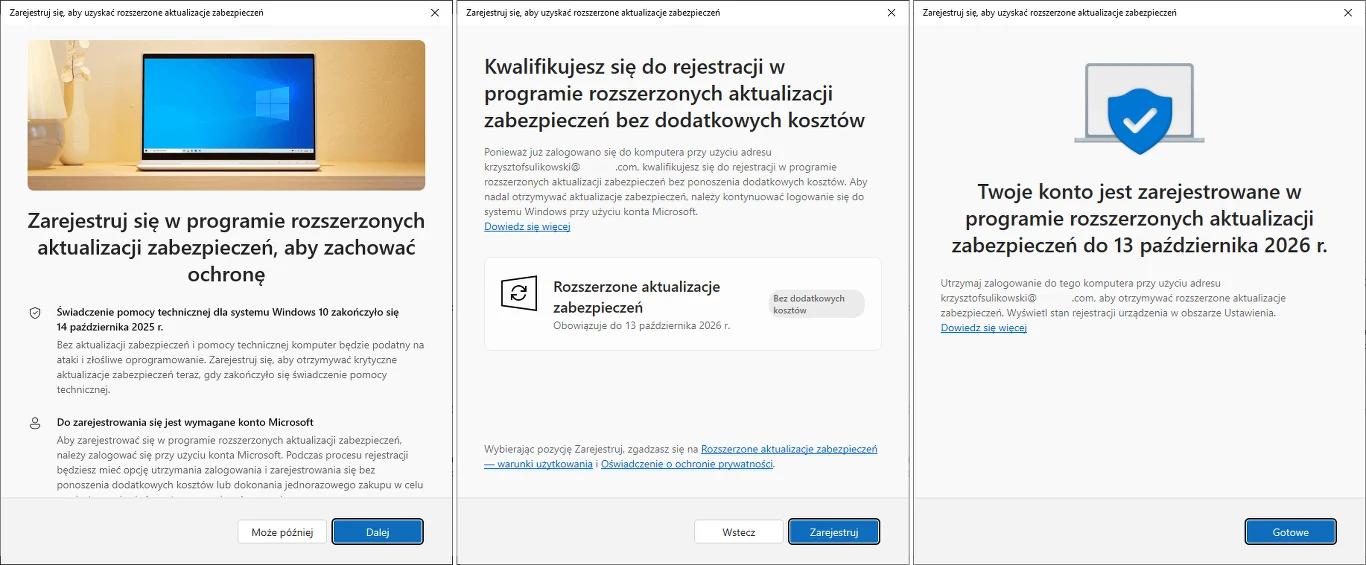 Ekran komputera z niebieskim tłem oraz trzy okna komunikatów dotyczących rejestracji w programie rozszerzonych aktualizacji zabezpieczeń z informacjami o ochronie konta i rejestracji do 13 października 2026 roku.