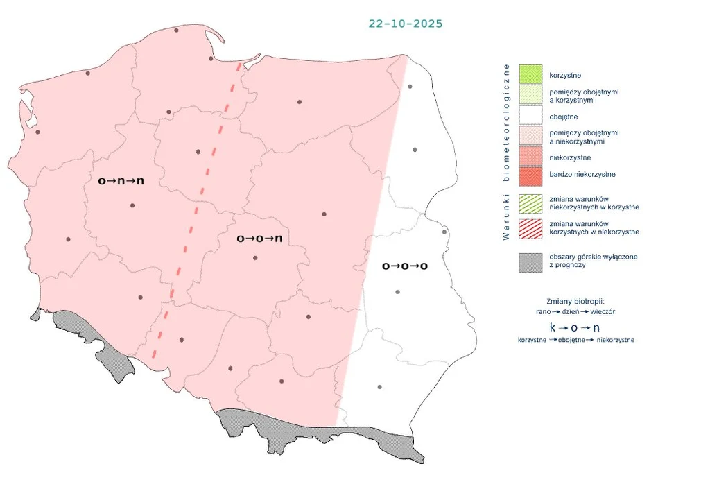 Mapa biometeorologiczna Polski z 22-10-2025, podzielona na strefy korzystnych i niekorzystnych warunków biometeo, oznaczonych kolorami; legenda wyjaśnia typy warunków oraz występujące zmiany bioklimatyczne.