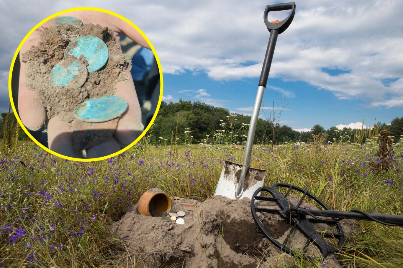 Rolnicy podczas renowacji łąki odkryli cenne monety sprzed 300 lat. Niezwykły skarb w Bukowcu Wielkim zbadali archeolodzy (zdj. ilustracyjne) Świeżo wykopane monety oraz fragment glinianego naczynia obok wykrywacza metalu i łopaty leżących na trawie na tle letniego krajobrazu; w powiększeniu widoczne szczegóły monet pokrytych ziemią.