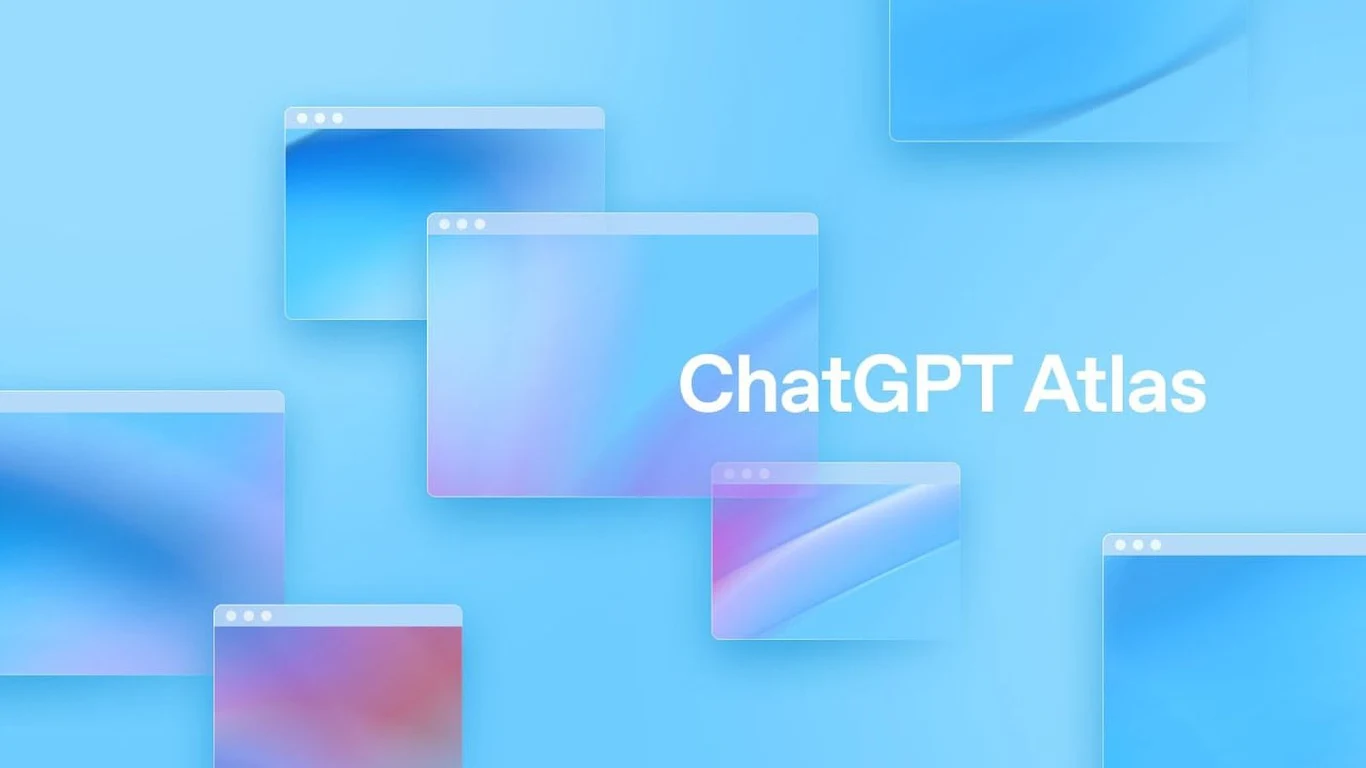 ChatGPT Atlas. Nowa przeglądarka OpenAI ze sztuczną inteligencją. Kilka nałożonych na siebie okien przeglądarki internetowej w odcieniach niebieskiego i różu na jasnoniebieskim tle, z napisem ChatGPT Atlas po prawej stronie kompozycji.