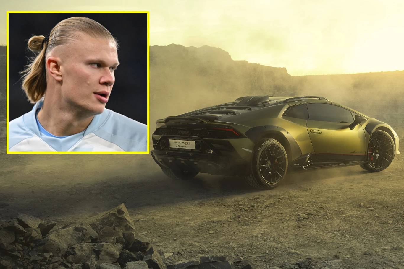 Erling Haaland kupił limitowany supersamochód za 1,2 mln zł. / Fot. AFP Sportowy samochód Lamborghini Huracán ustawiony na pustynnym, kamienistym terenie w warunkach silnego zakurzenia, w lewym górnym rogu widoczne zbliżenie twarzy blond mężczyzny o spiętych włosach, ubrany w jasnoniebieską koszulkę.