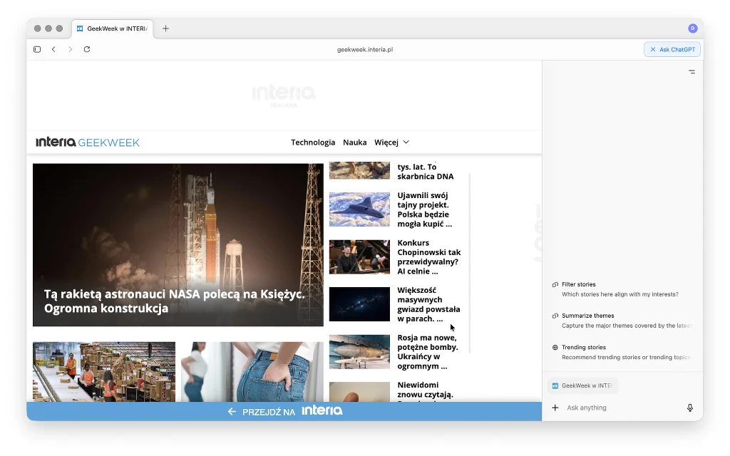 Przeglądarka internetowa ChatGPT Atlas. Strona internetowa portalu informacyjnego Geekweek w serwisie Interia, na której dominują artykuły o tematyce naukowej i technologicznej, z głównym zdjęciem rakiety kosmicznej oraz białym, minimalistycznym układem graficznym.
