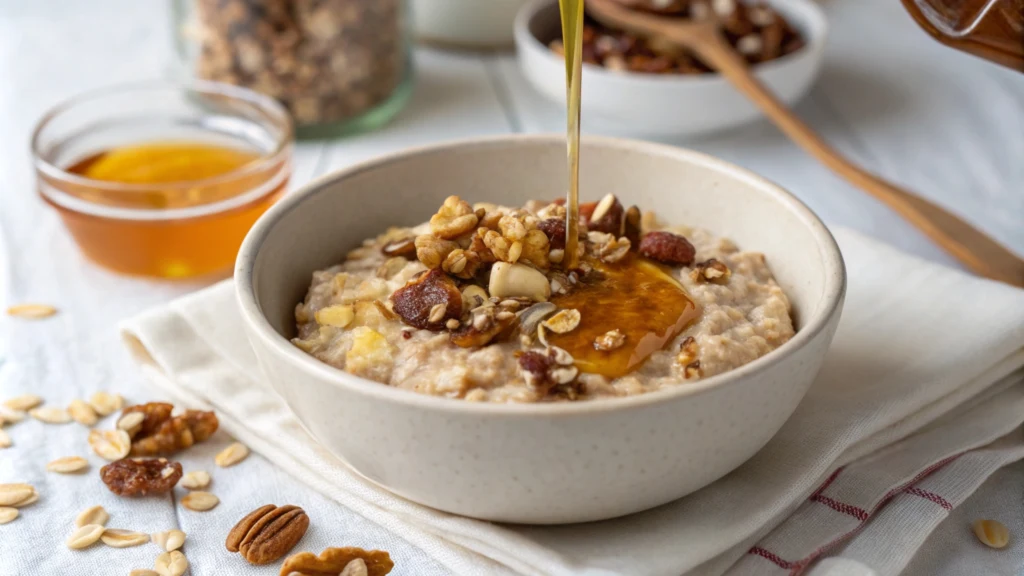 Owsianka z orzechami, mieszanką bakalii oraz polewą z miodu w misce na białym obrusie, w tle widoczne są dodatkowe składniki i słoiczek z miodem.