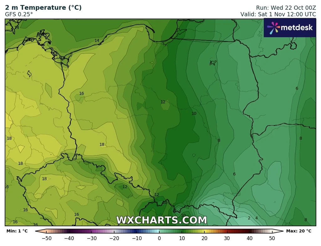 Mapa termiczna Polski z wyraźnym gradientem temperatur, cieplejsze wartości na zachodzie kraju, chłodniejsze na wschodzie, kolory zieleni i żółci oddają różnice cieplne, na mapie widoczne granice państwowe i wartości liczbowej temperatury