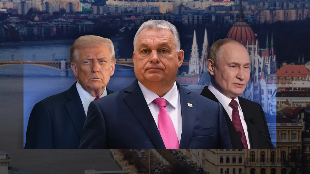 Premier Węgier Viktor Orban, a w tle prezydenci USA oraz Rosji, Donald Trump i Władimir Putin | grafika: Aleksandra Włodarczyk
