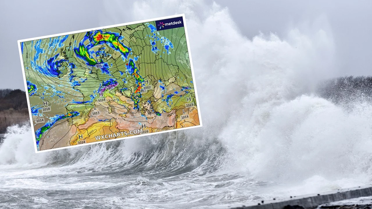Cyklon bombowy Joshua uderza w Niemcy Wiatr 160 km/h i sztorm na Bałtyku Potężne fale uderzające o brzeg w trakcie sztormu, w lewym górnym rogu wstawka z mapą pogodową Europy ilustrującą ruchy frontów atmosferycznych.