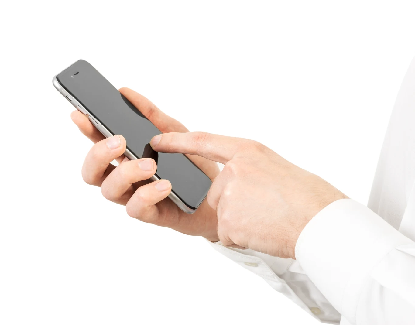 Jak odblokować telefon? Dłonie mężczyzny w białej koszuli trzymające nowoczesny smartfon oraz palec wskazujący używający ekranu dotykowego.