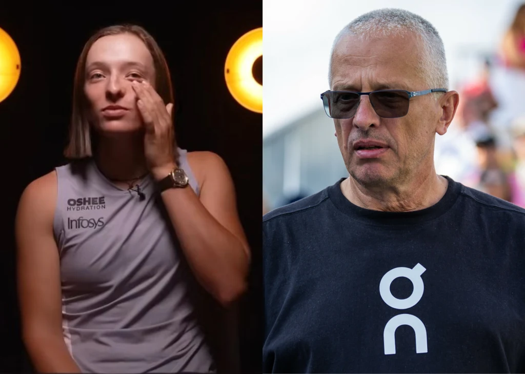 Na zdjęciu Iga Świątek oraz jej ojciec - Tomasz Świątek Młoda kobieta w sportowym stroju w jasnym oświetleniu oraz starszy mężczyzna w okularach przeciwsłonecznych i czarnej koszulce na tle rozmytego otoczenia.