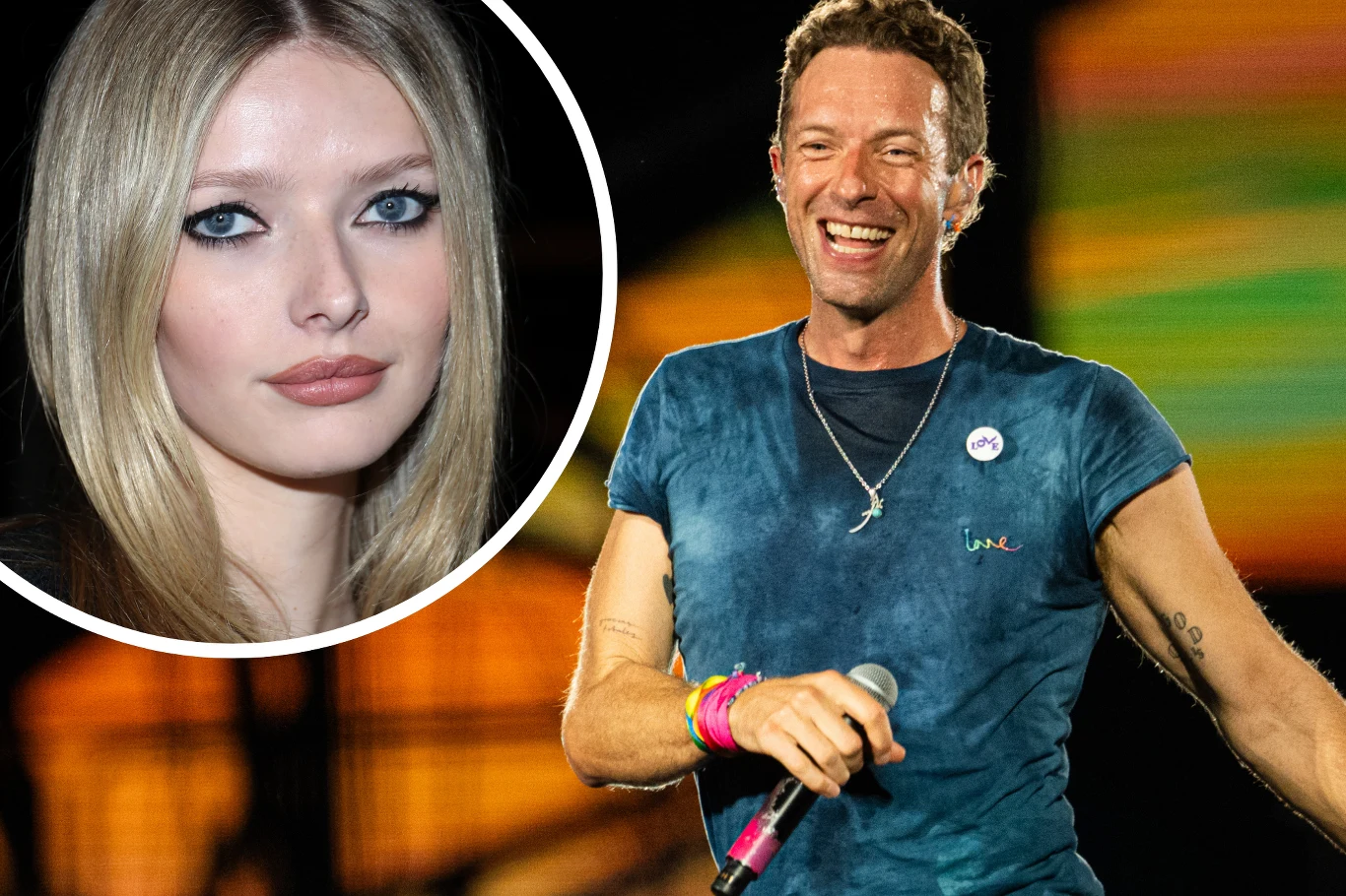 Apple Martin, córka Chrisa Martina z Coldplay, debiutuje na scenie Mężczyzna uśmiecha się na scenie podczas koncertu, z mikrofonem w ręce, ubrany w niebieską koszulkę i z wielobarwnymi opaskami na nadgarstku, w tle kolorowe światła sceniczne; w kółku widoczny portret kobiety z jasną cerą, blond włosami i niebieskimi o...