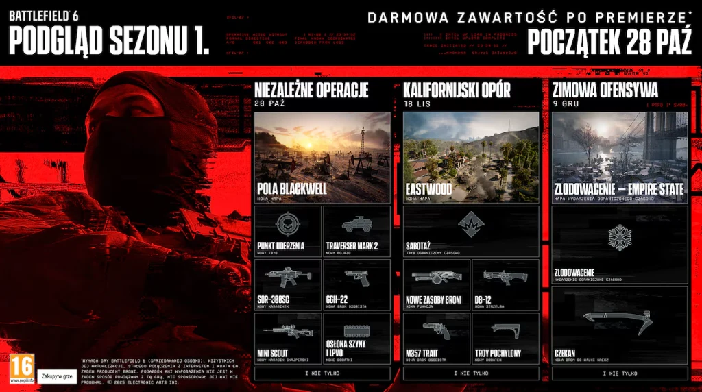 Sezon nr 1 Battlefielda 6 bogaty w nowości Czerwono-czarna grafika promująca premierę pierwszego sezonu gry komputerowej Battlefield 6 z widocznym sylwetką zamaskowanego żołnierza oraz szczegółami na temat nowych operacji, map, broni i zawartości dostępnych po premierze.