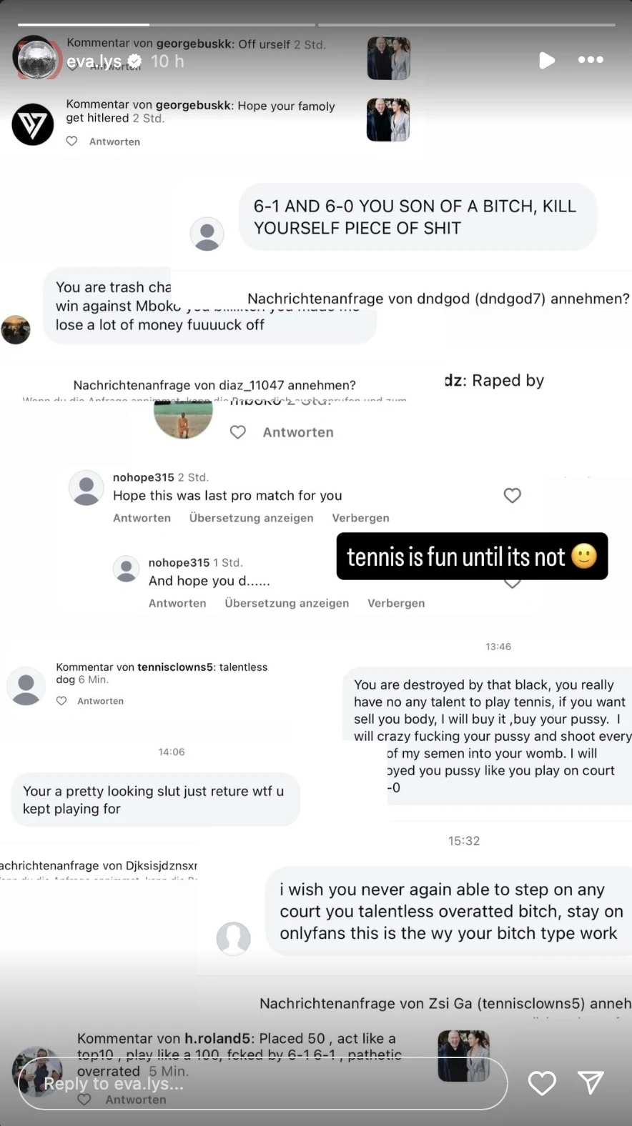 Kompilacja zrzutów ekranu z mediów społecznościowych, w których widoczne są liczne obraźliwe, agresywne i nienawistne komentarze skierowane pod adresem jednej osoby.