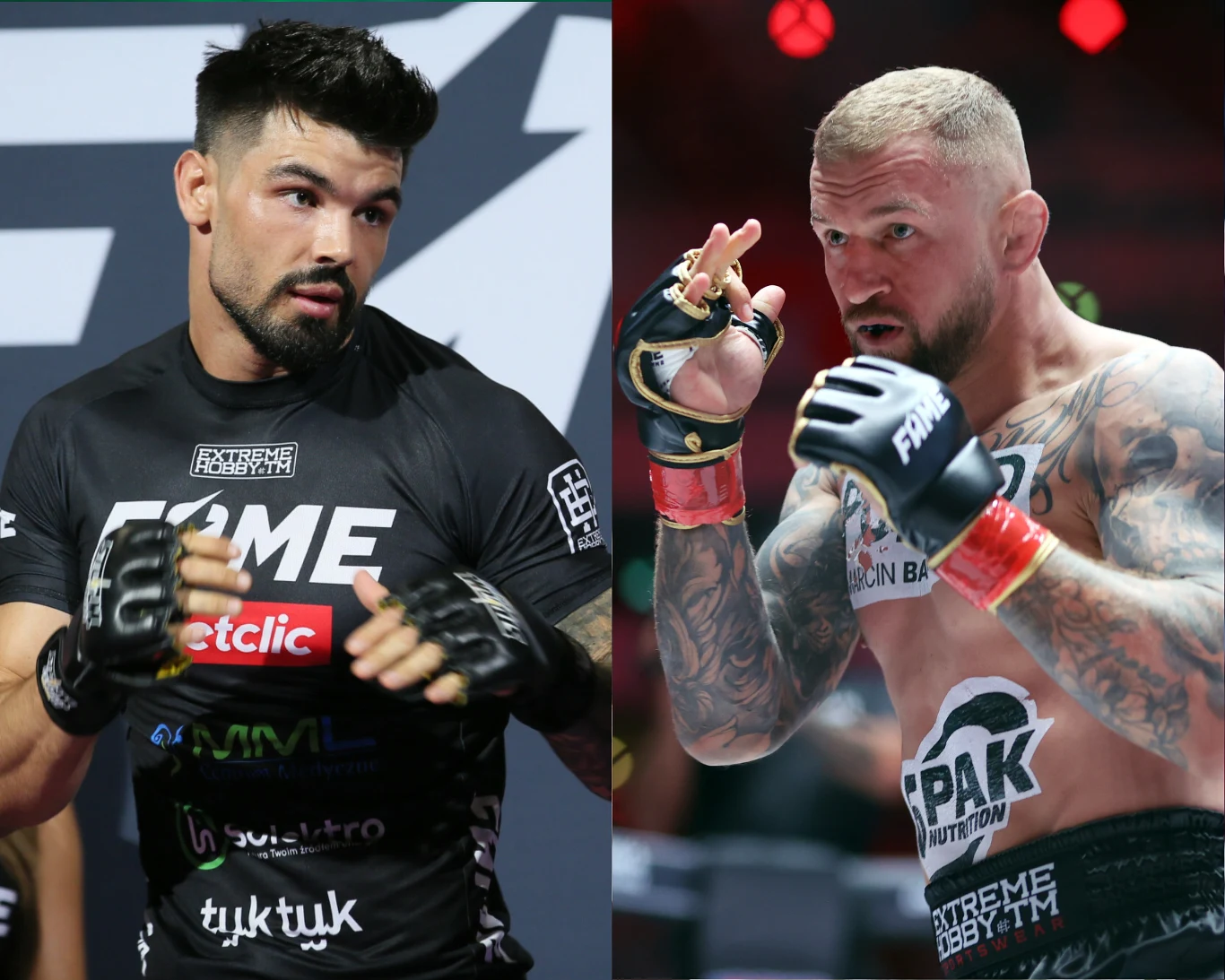 Dwóch umięśnionych zawodników MMA przygotowujących się do walki, ubrani w sportowe stroje i rękawice bokserskie, jeden z nich w czarnej koszulce na tle czarnego baneru, drugi z licznymi tatuażami, bez koszulki, na tle oświetlenia areny.