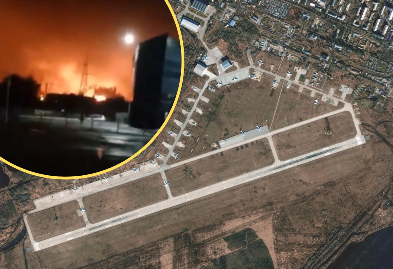 Świadkowie donoszą o 10 eksplozjach w rosyjskim Riazaniu. Płonie lokalna rafineria, do wybuchów miało dojść również w okolicy lotniska Diagilewo Pas startowy lotniska widziany z lotu ptaka oraz wstawka ukazująca płonące budynki i silne pożary w nocy, sugerujące poważne zniszczenia infrastruktury.
