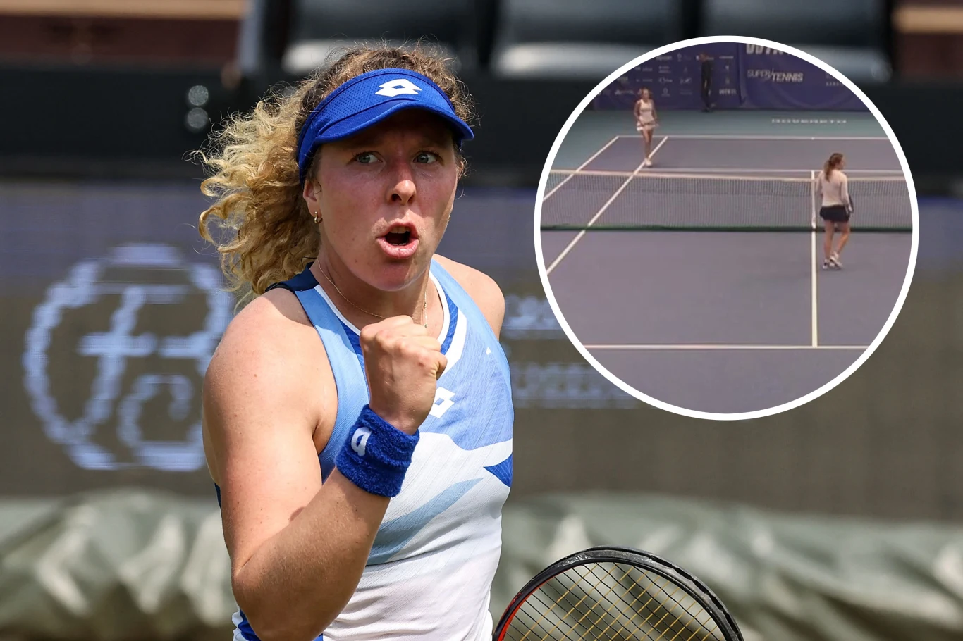 Zawodniczka tenisa świętuje zdobycie punktu, zaciśnięta pięść i wyraz twarzy pełen emocji. W tle widoczne logo sponsora na bandzie, a wstawka prezentuje sytuację meczu na korcie z dwiema zawodniczkami.