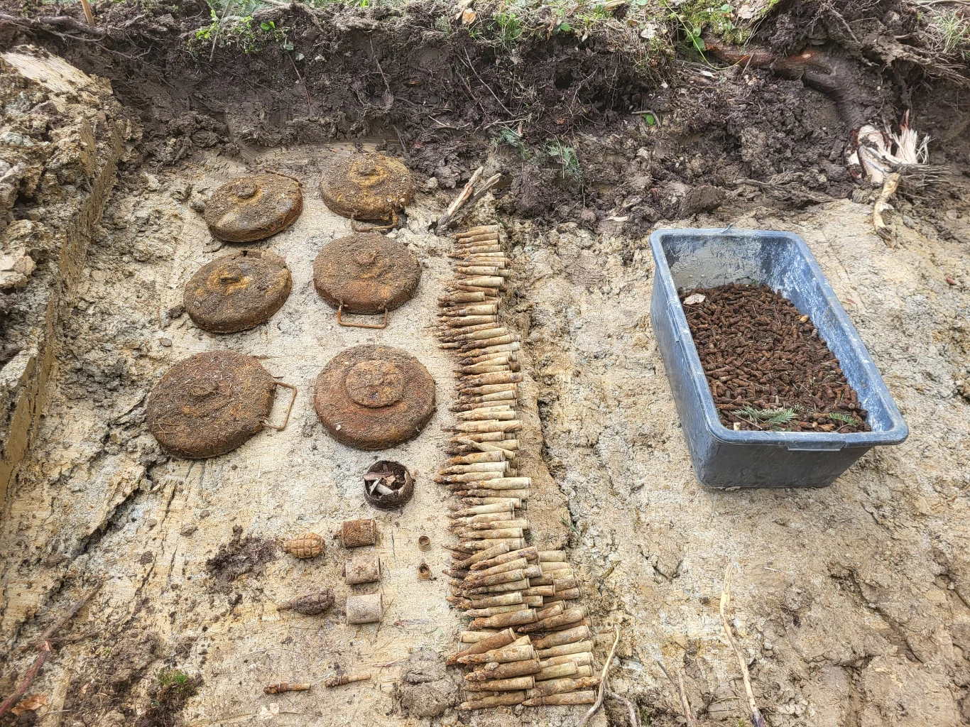 Rząd min przeciwpiechotnych, kilkadziesiąt pocisków oraz pojemnik wypełniony skorodowanymi łuskami i nabojami leżą na odkrytej ziemi, prawdopodobnie pochodzą ze znaleziska z okresu wojny.