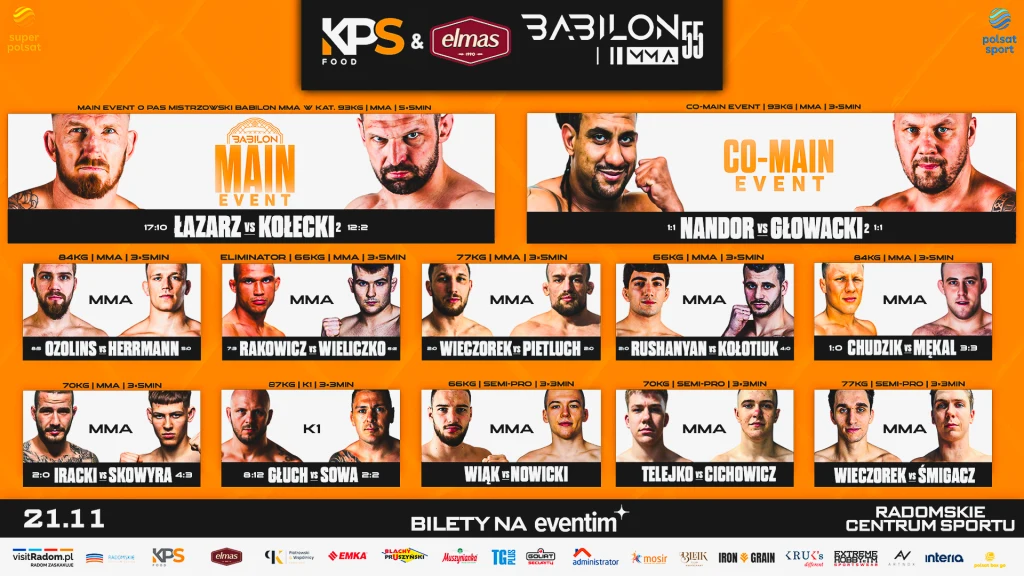 W piątek 21 listopada w Radomskim Centrum Sportu odbędzie się gala KPS Food & Elmas Babilon MMA 55