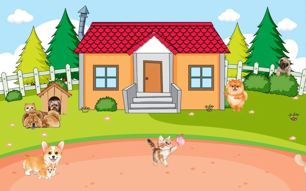 Żółty domek z czerwonym dachem otoczony ogrodzeniem i drzewami, na trawniku i przed domem bawią się psy i koty, po lewej stronie pies w budzie, na trawie leżą szczeniaki, na pierwszym planie biegnie uśmiechnięty pies oraz kot bawiący się motylem.