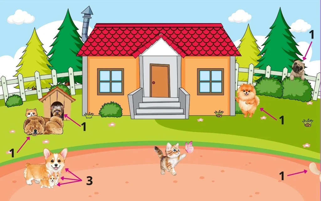 Kolorowy dom z czerwonym dachem otoczony białym płotem i drzewami, na podwórku różne rasy psów oraz kot bawiący się motylem, jedno ze szczeniąt bawi się przy budzie