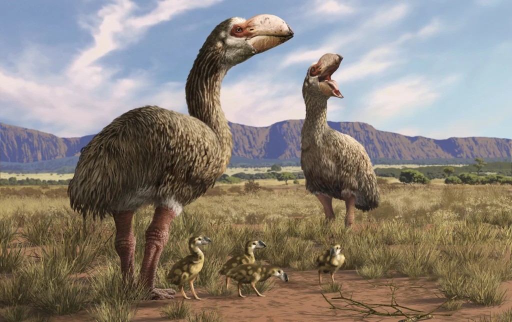 Dromornis - wielki ptak żyjący niegdyś w Australii Dwie duże, wymarłe ptaki o masywnych dziobach w otwartym stepie, obok nich kilka piskląt. W tle rozległa równina z niskimi trawami oraz pasmo gór pod niebieskim niebem z chmurami.