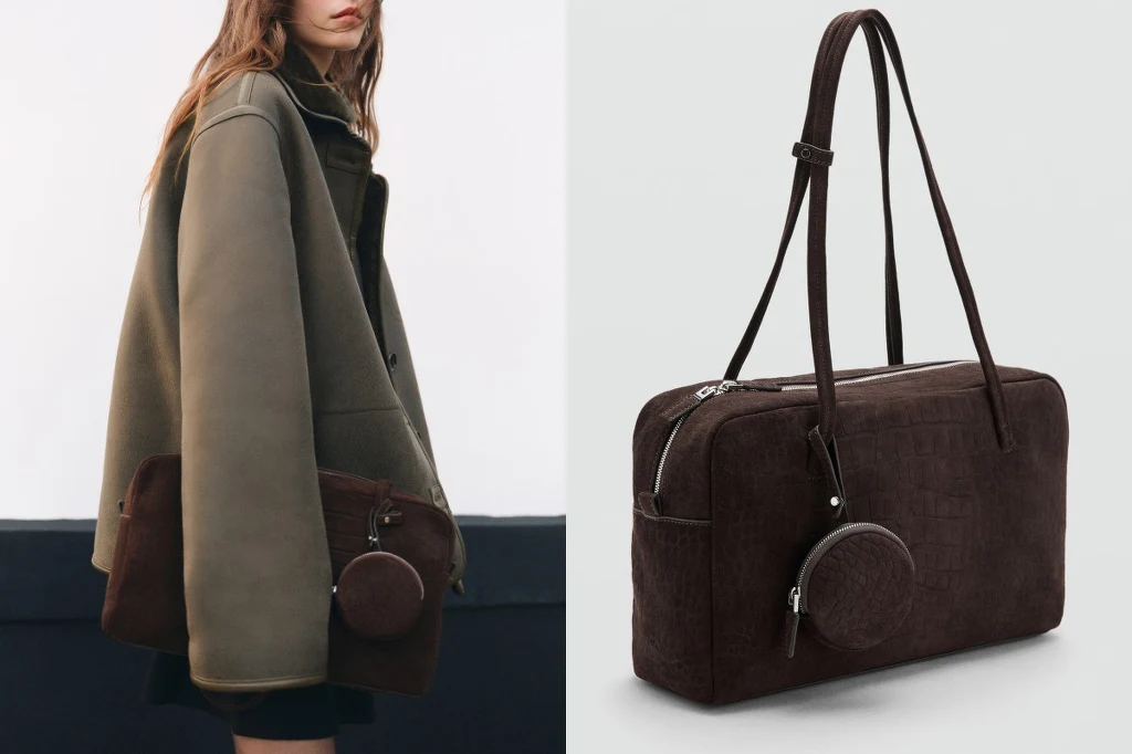 Brązowa torebka na długim pasku z małą okrągłą kieszonką, założona na bark młodej kobiety w oversize'owej kurtce, obok widok torebki na jasnym tle z widocznymi detalami.