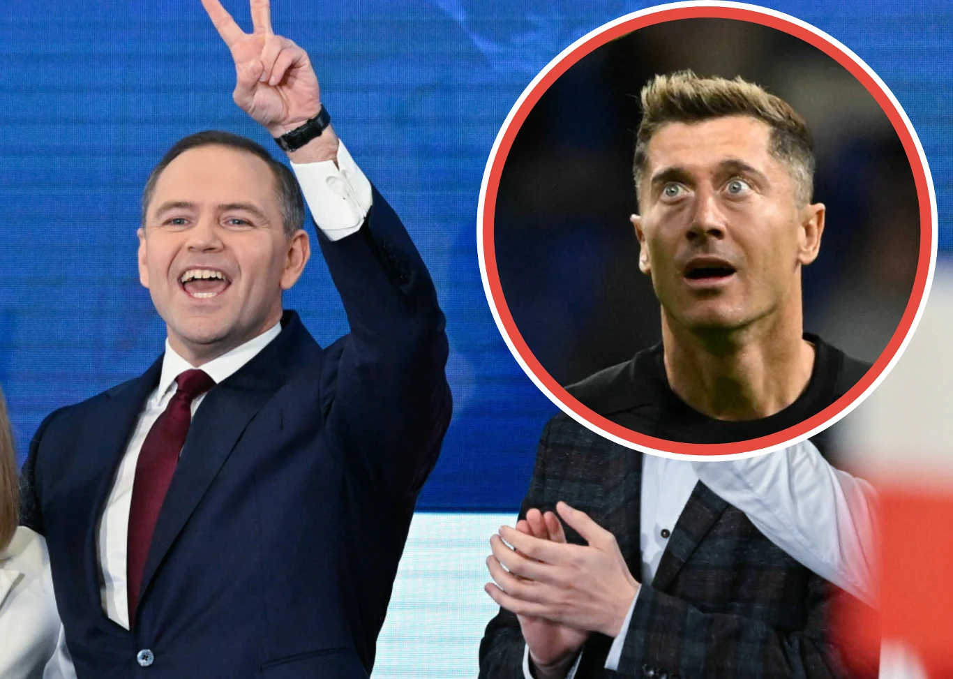 Mężczyzna w garniturze wykonuje gest zwycięstwa podnosząc dwa palce do góry, w tle znajduje się okrągła ramka z twarzą innego mężczyzny wyglądającego na zaskoczonego. Całość utrzymana w formalno-sportowym kontekście.