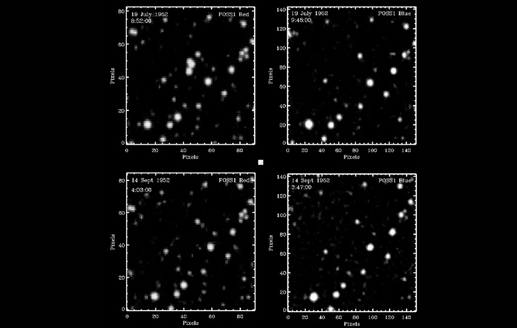 Błyski z badania nieba Palomar Observatory Sky Survey (POSS-I) mogą być związane z testami nuklearnymi i doniesieniami o niezidentyfikowanych zjawiskach anomalnych. Cztery wykresy z czarno-białymi obrazami przedstawiają rozmieszczenie jasnych punktów przypominających gwiazdy lub ciała niebieskie, każdy z wykresów oznaczony datą i danymi astrofizycznymi, widoczne podpisy osi i różne natężenie jasności obiektów.