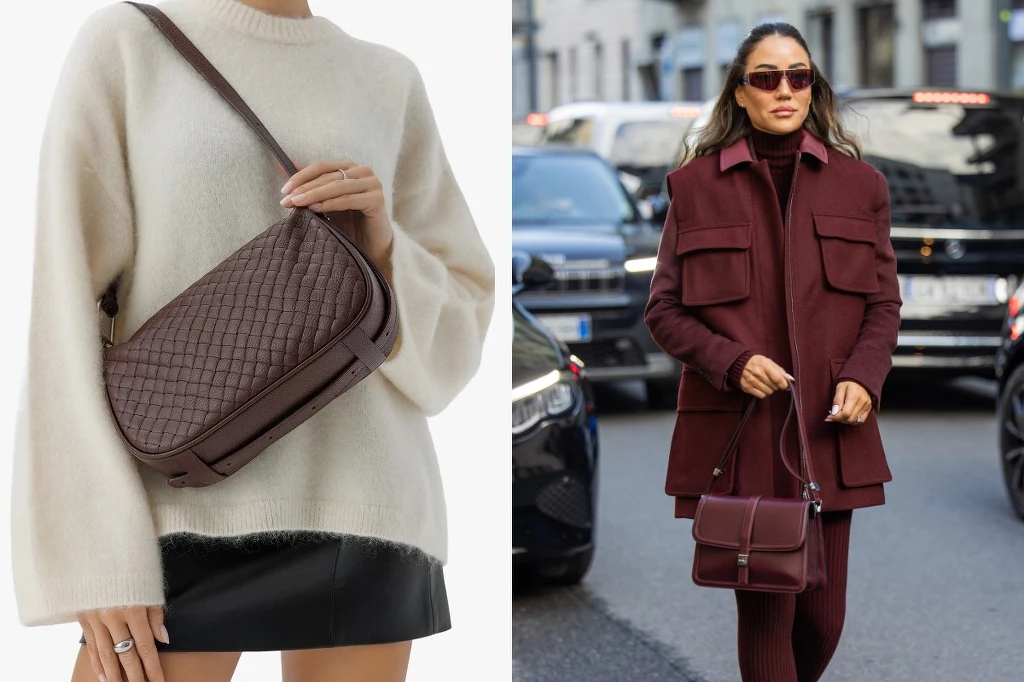 Torebka w odcieniu brązu prezentowana w dwóch stylizacjach: z jasnym, puszystym swetrem i czarną spódnicą oraz jako element eleganckiego, miejskiego looku z bordowym płaszczem i dopasowaną sukienką.