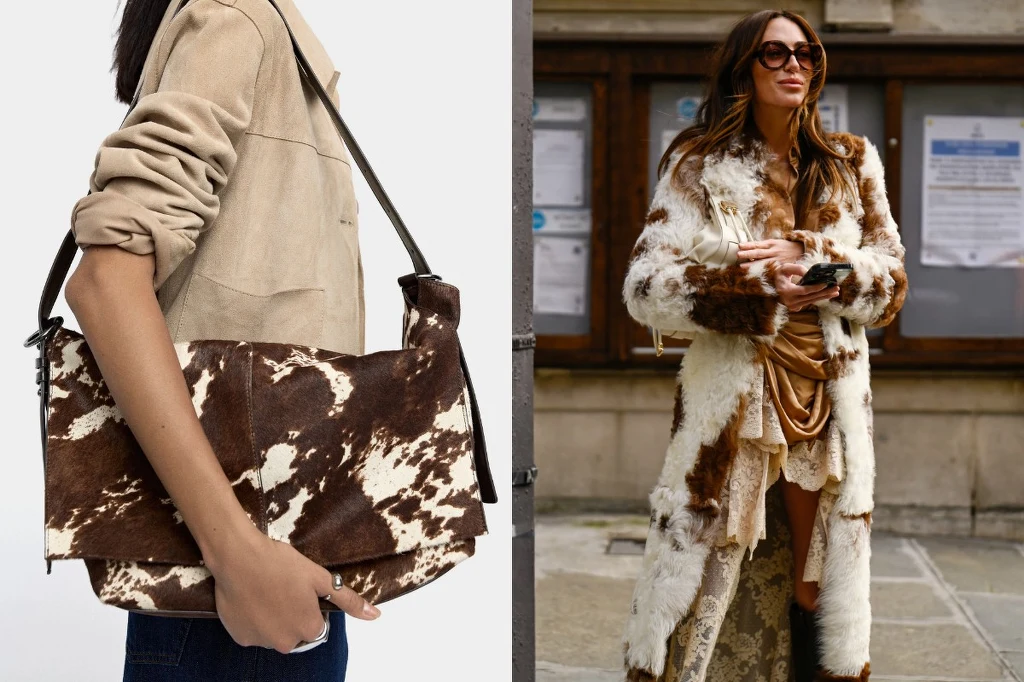 Po lewej stronie torba na ramię z materiału imitującego krowią skórę, trzymana przez osobę ubrana w jasną kurtkę. Po prawej kobieta w długim płaszczu i sukience w stylu boho, również w motyw zwierzęcej skóry.