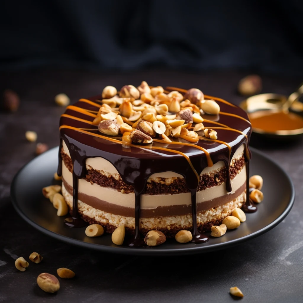 Ciasto z polewą czekoladową i orzeszkami wbrew pozorom jest łatwe w przygotowaniu Warstwowy tort ozdobiony czekoladową polewą i karmelem, udekorowany prażonymi orzechami na górze, podany na czarnym talerzu na ciemnym tle.